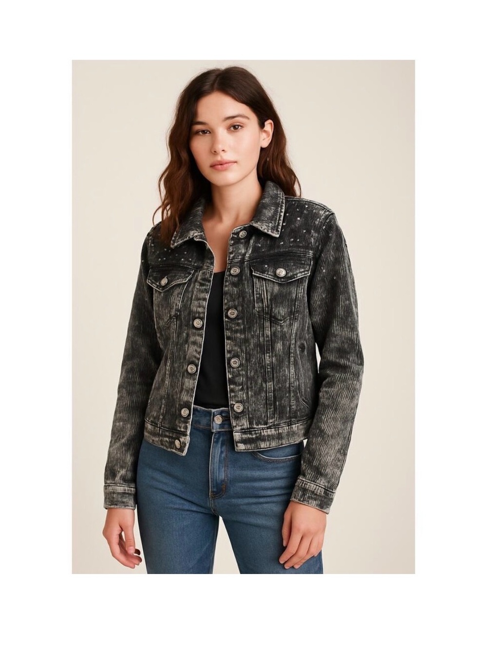 POL Black Acid Wash Corduroy Studded Jacket Size M